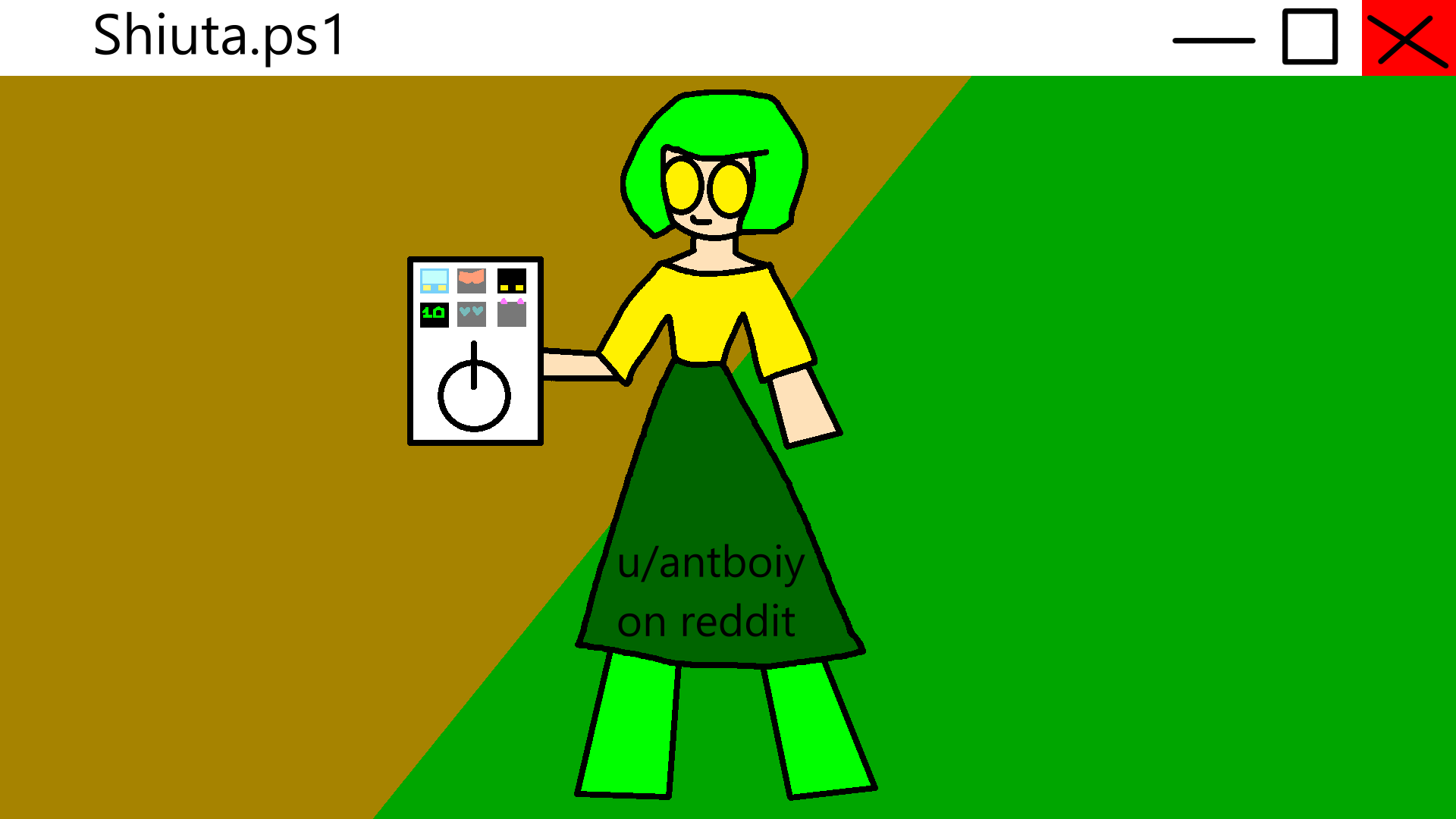 Cartoon character with green hair, yellow eyes, and a yellow top holding a panel with buttons and a power symbol. The character is standing on a split brown and green background. Text on the skirt reads 'u/antboiy on reddit'. The window title bar says 'Shiuta.ps1'.